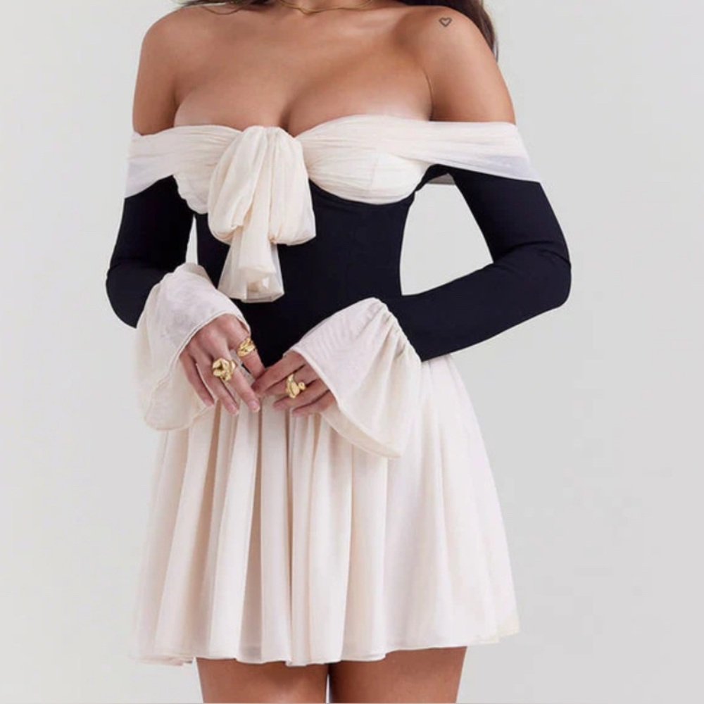 lavish ivy elegant off-shoulder black + cream mini dress